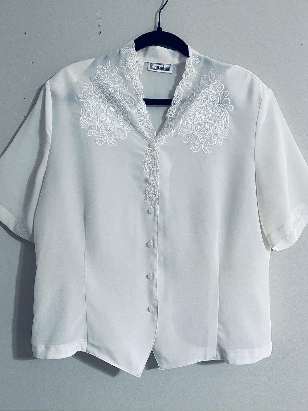 Vtg White Romantic Embroidered Blouse Beaded Pearl Trim Sz 10 Victorian Lolita